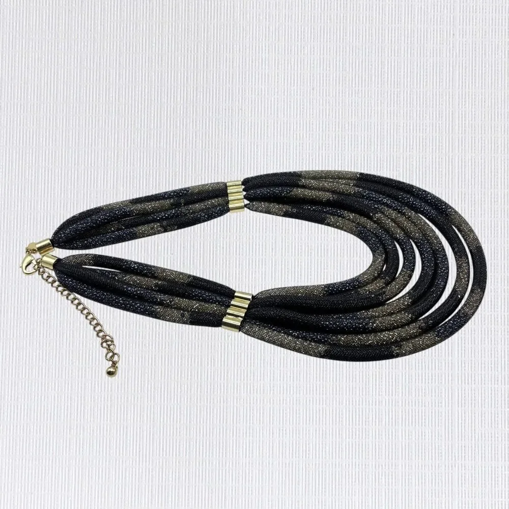 Chicos Chunky Statement Necklace Gold Tone Black Blue Mesh Tube Tiered Layered